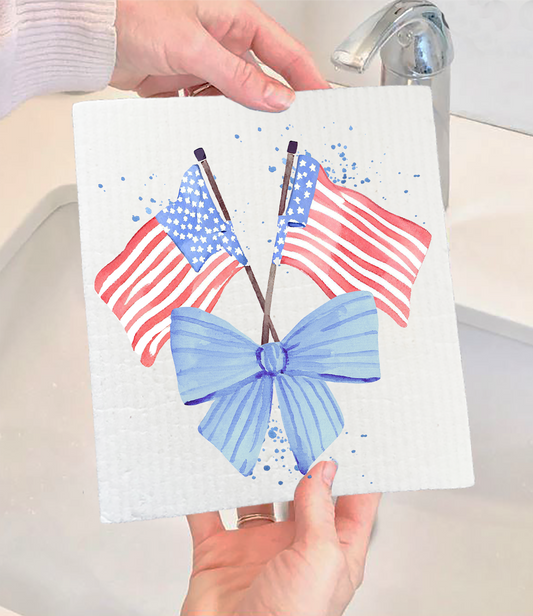 Patriotic Watercolor Flag Bow Swedish Dishcloth (Set of 2)
