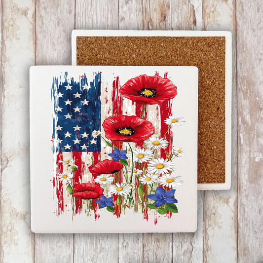 Patriotic American Flag Flowers  Stone Coaster (Set of 2)