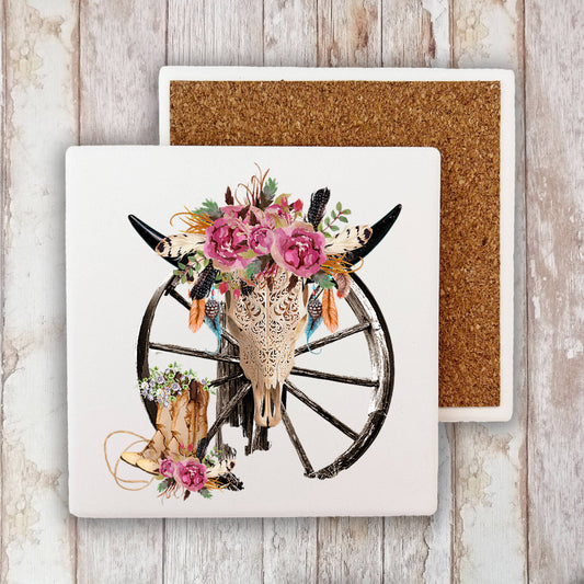 Western Cow Skull Cowboy Southwestern Stone Coaster