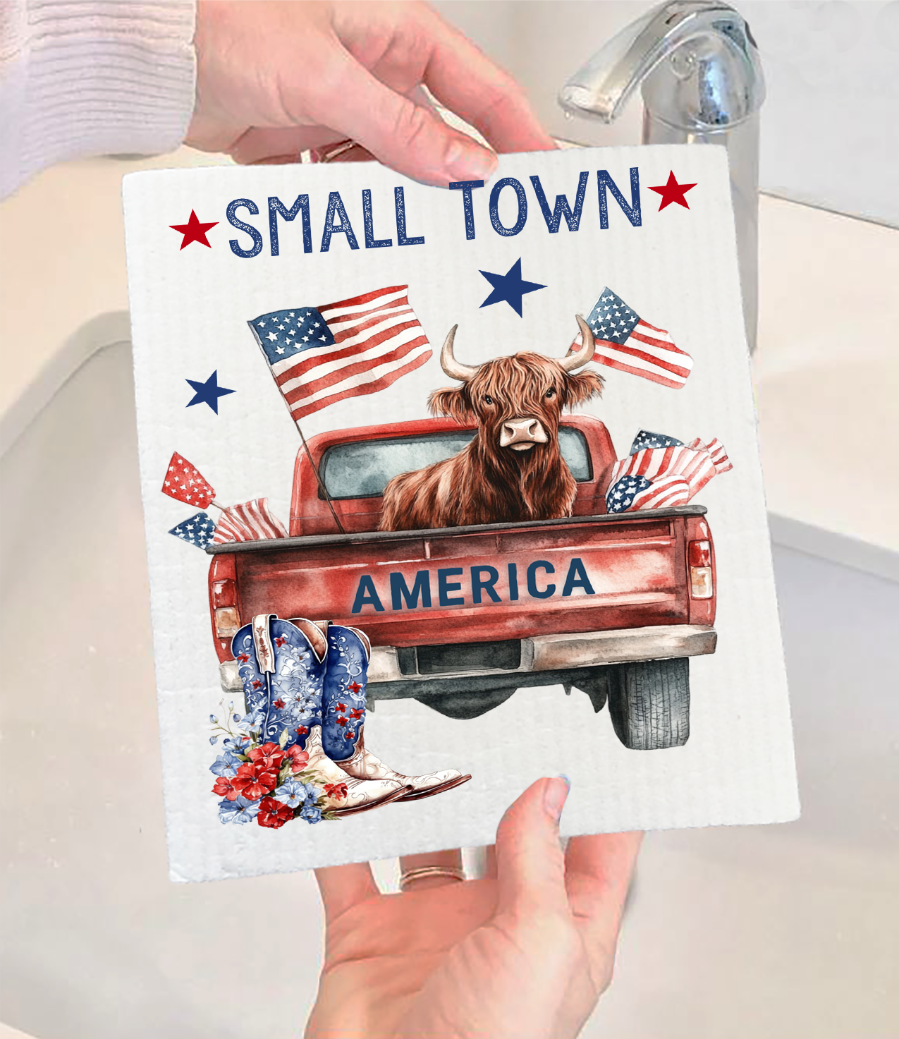 Small Town American Patriotic Cow Swedish Dishcloth (Set of 2)
