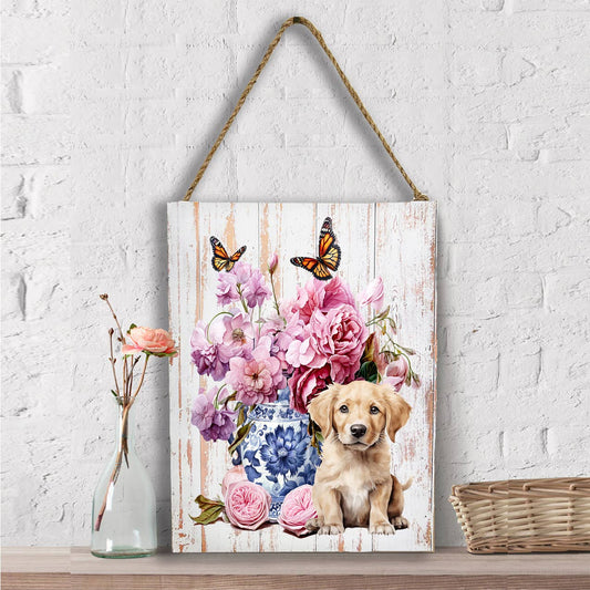 Golden Retreiver Puppy Vase Flowers Wall Decor