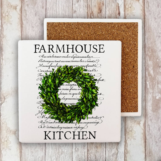 Farmhouse  Boxwood Wreath Stone Coaster