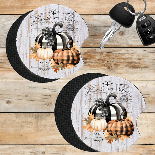 Car CoasterFall French Black white Checkered Pumpkins