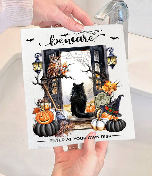 Halloween Beware Black Cat Pumpkins Swedish Dishcloth-Sets of 2