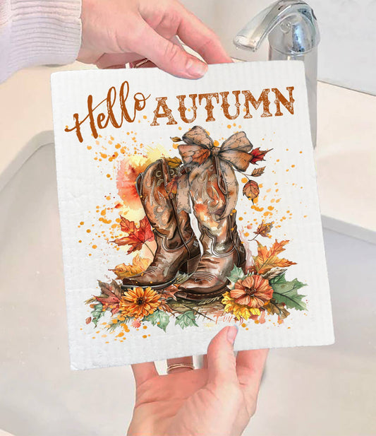 Hello Autumn Fall Cowboy Boots Swedish Dishcloth-Sets of 2