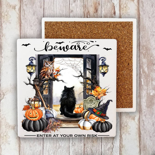 Halloween Beware Black Cat Pumpkins Stone Coaster-Sets of 2