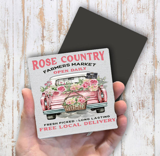 Country Rose Pink Pick Up Truck Magnet Fridge - Sets of 2