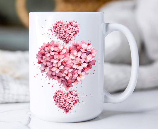 Valentine Pink Blossoms Flower Heart 15 oz Coffee Mug
