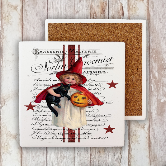 Halloween Vintage French Black Cat Stone Coaster (Set of 2)