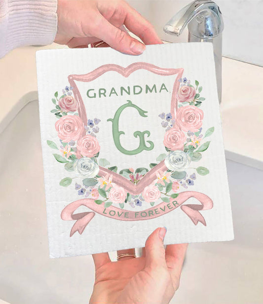 Mother's Day Grandma Floral Crest Swedish Dishcloth