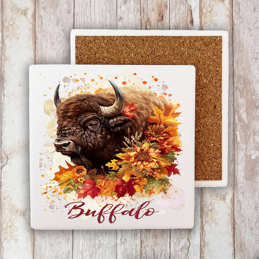 Autumn Fall Flowers Western Buffalo Stone Coaster-Sets of 2