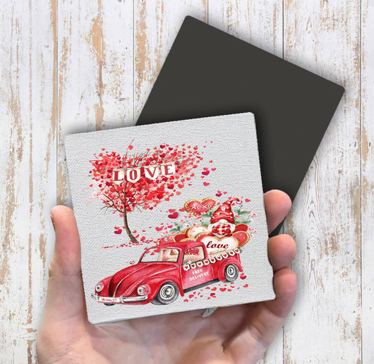 Valentine Gnome Red Truck Hearts Magnet Fridge - Sets of 2