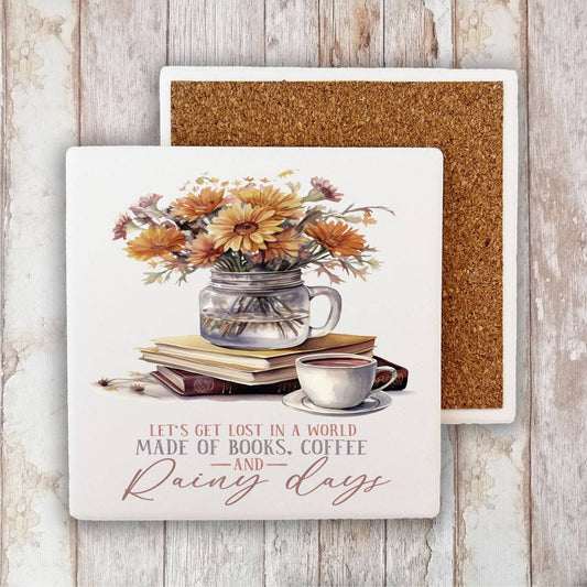Autumn Fall Books & Coffee Rainy Day Stone Coaster-Sets of 2