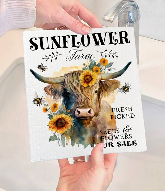 Set of 2 - Highland Cow Sunflower Farm SWEDISH DISH CLOTH