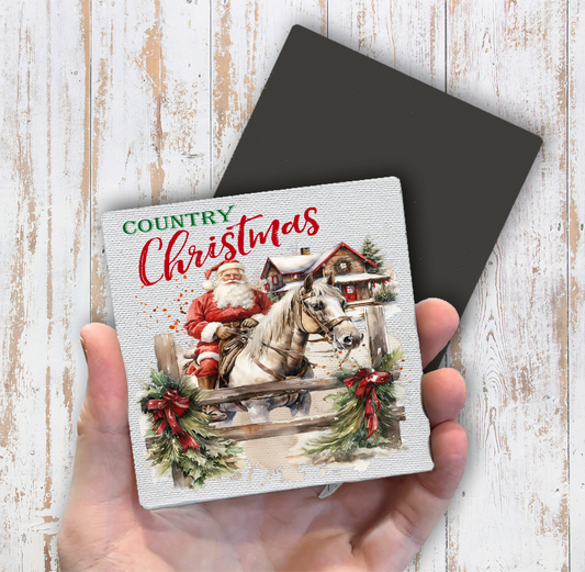Country Christmas Santa Riding Horse Magnet Fridge (Set of 2)