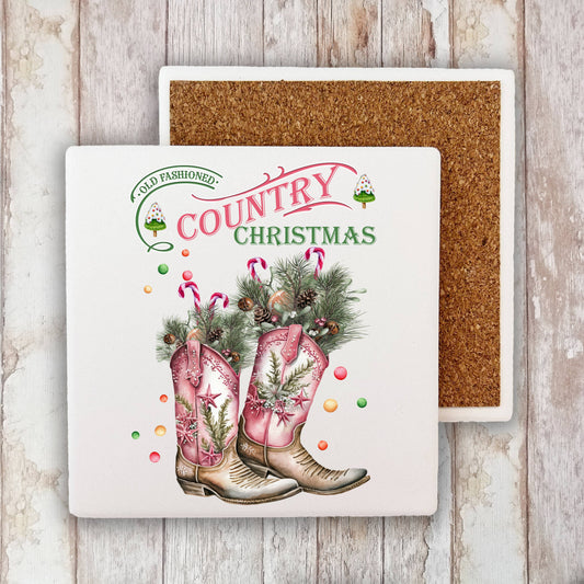 Country Christmas Cowboy Boots Western Stone Coaster