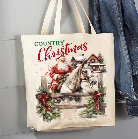 Country Christmas Santa Riding Horse Canvas Tote Bag