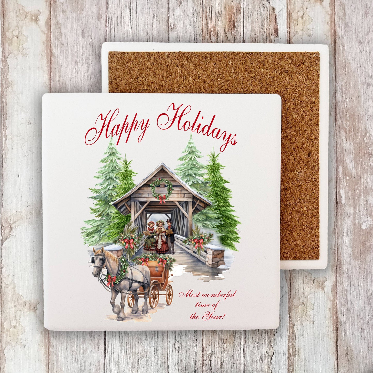 Christmas Cover Bridge Horse Carriage Stone Coaster