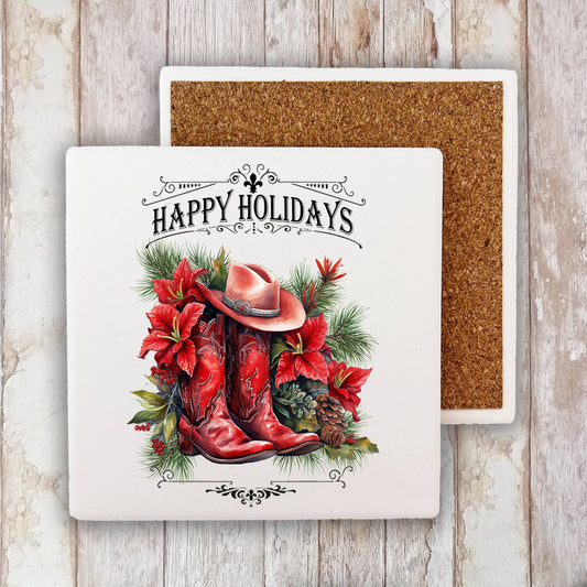 Christmas Red Cowboy Boots Western Stone Coaster