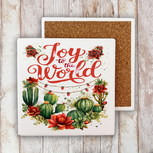 Christmas Joy to the World Cactus Stone Coaster (Set of 2)