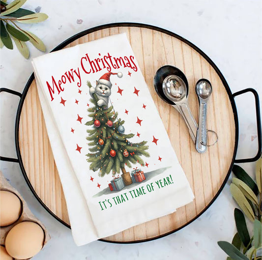 Meowy Christmas Cat Attaching Tree Tea Towel
