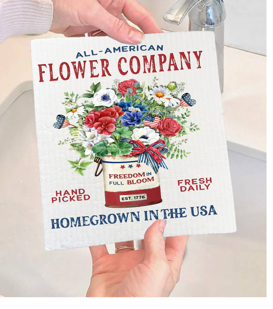 Farmhouse 4th of July Patriotic Flowers Swedish Dishcloth-Set of 2