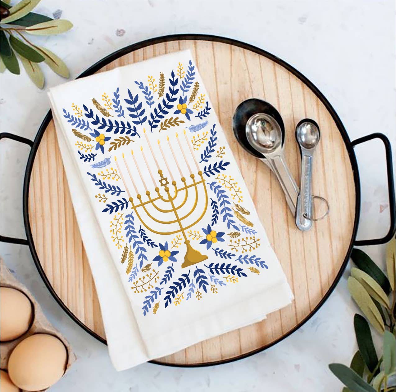 Hanukkah Menorah Flowers Tea Towel