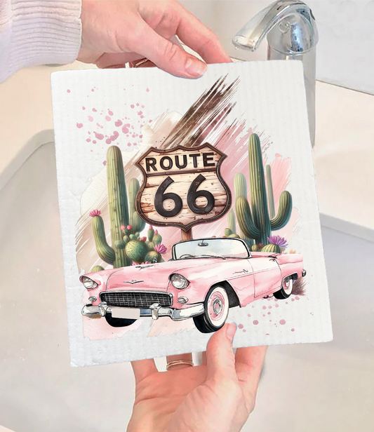 Route 66 Pink Vintage Car  Swedish Dishcloth (Set of 2)