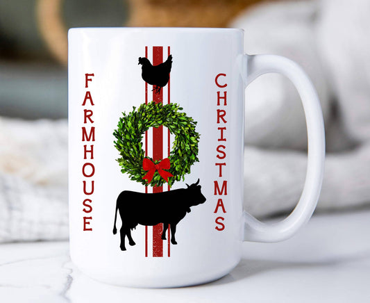 Farmhouse Christmas Wreath Chicken Cow, Coffee Mugs