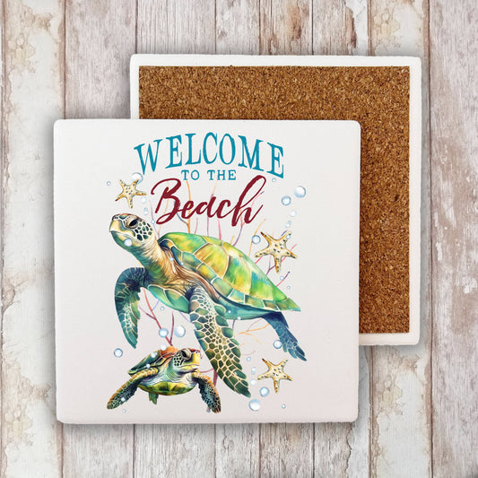 Coastal Sea Turtle Welcome to the Beach Stone Coaster