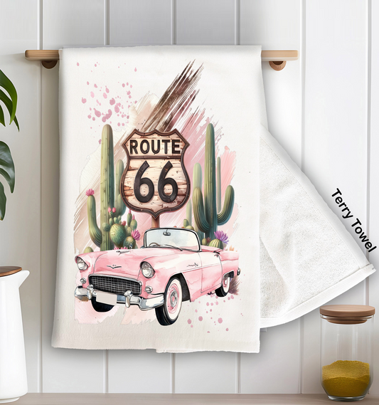Route 66 Pink Vintage Car  Kitchen Terry Towel