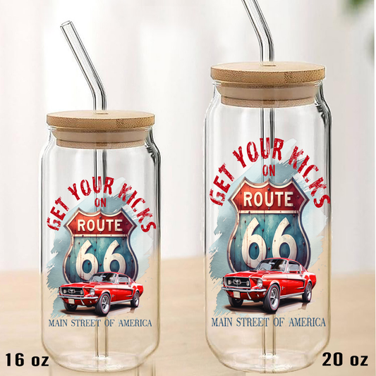 Route 66 Get your Kicks Mustang  Can Glass with Lid Straw