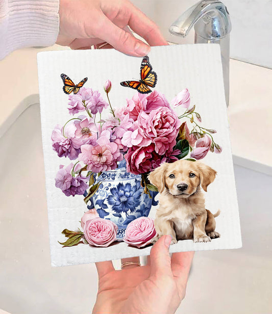 Set of 2 - Golden Retreiver Puppy Vase Flowers SWEDISH DISH CLOTH