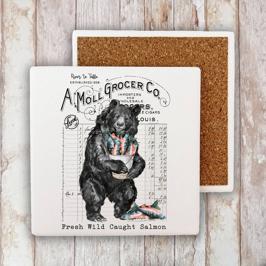 River to Table Bear and Salmon  Stone Coaster