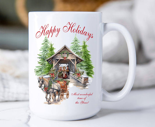 Christmas Cover Bridge Horse Carriage Coffee Mug