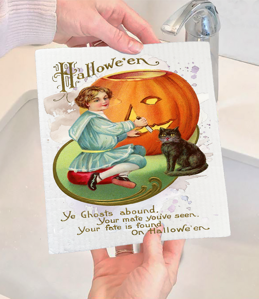 Halloween Vintage Pumpkin Black Cat Swedish Dishcloth (Set of 2)