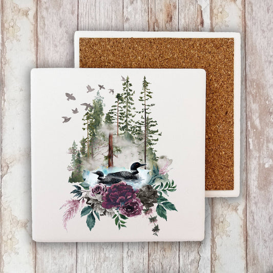 Loons Lake Mountains Wildlife  Stone Coaster