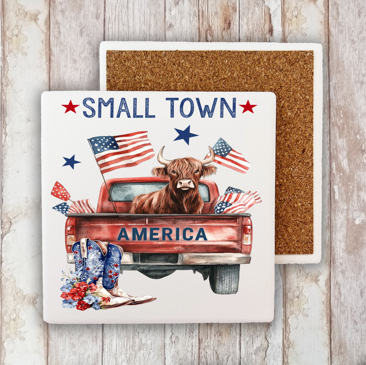 Small Town American Patriotic Cow Stone Coaster (Set of 2)