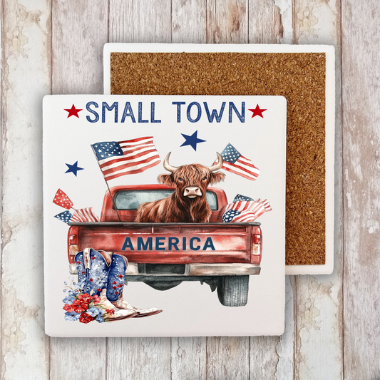 Small Town American Patriotic Cow Stone Coaster (Set of 2)