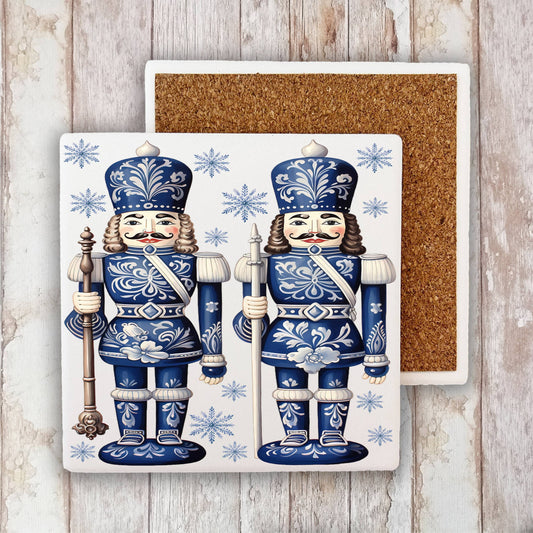 Christmas Nutcrackers Blue & White Stone Coaster (Set of 2)