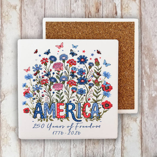 Patriotic Flowers 250 Anniversary America Stone Coaster