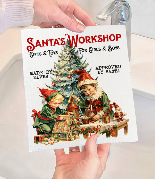 Christmas Vintage Elfs Workshop Swedish Dishcloth (Set of 2)