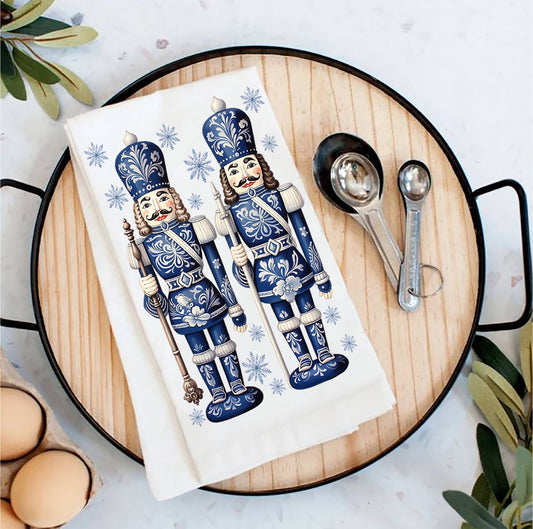 Christmas Nutcrackers Blue & White Tea Towel
