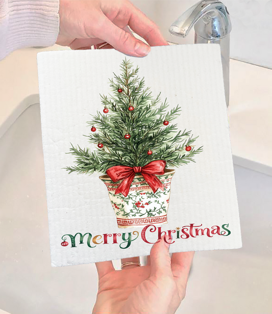 Christmas Watercolor Toile Tree Swedish Discloth (Set of 2)