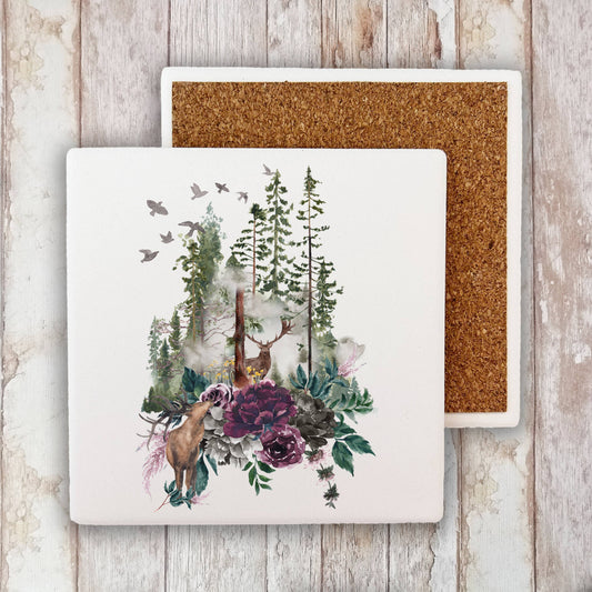 Deer Forest Mountains Wildlife Stone Coaster