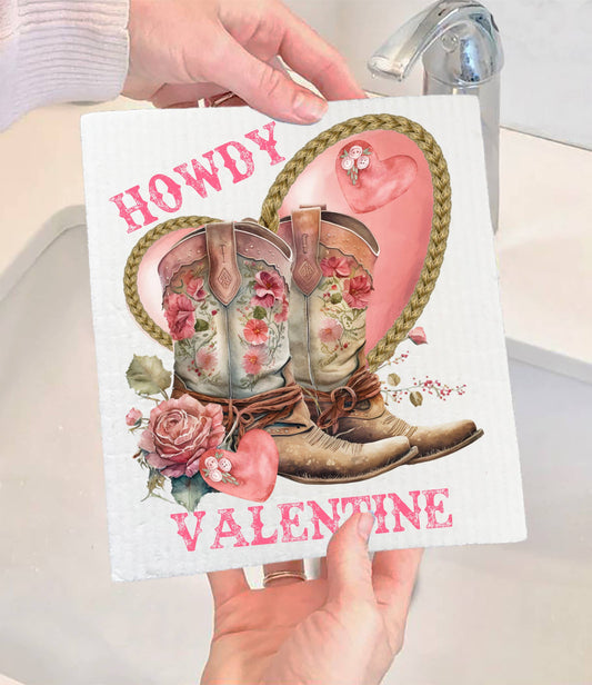 Set of 2 -  Howdy Valentine Cowboy Boots SWEDISH DISH CLOTH