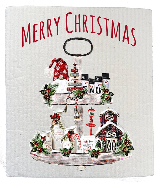 Set of 2 -  Merry Christmas 3 Tier Country Farm SWEDISH DISH CLOTH