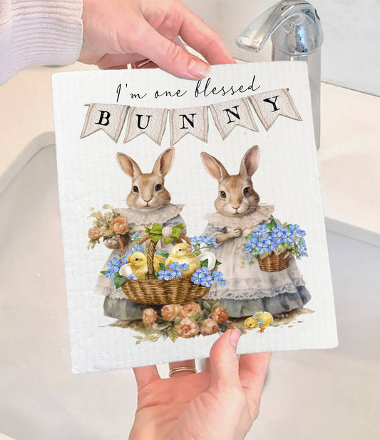 Set of 2 -  Easter Victorian One Bless Bunny SWEDISH DISH CLOTH