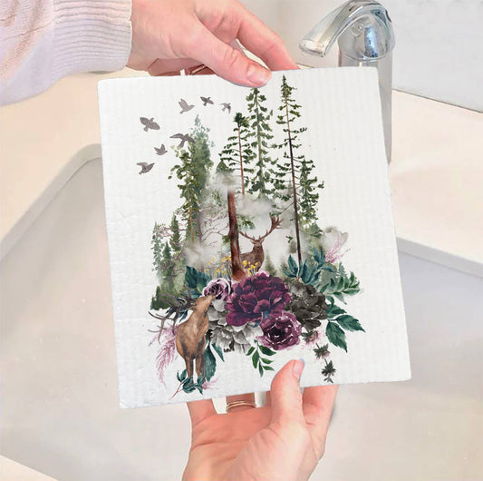 Set of 2 -  Deer Forest Mountains Wildlife Swedish Dish Cloth