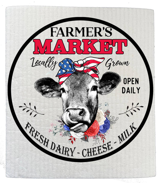 Set of 2 -  Historic Farmers Market Patriotic Cow SWEDISH DISH CLOTH